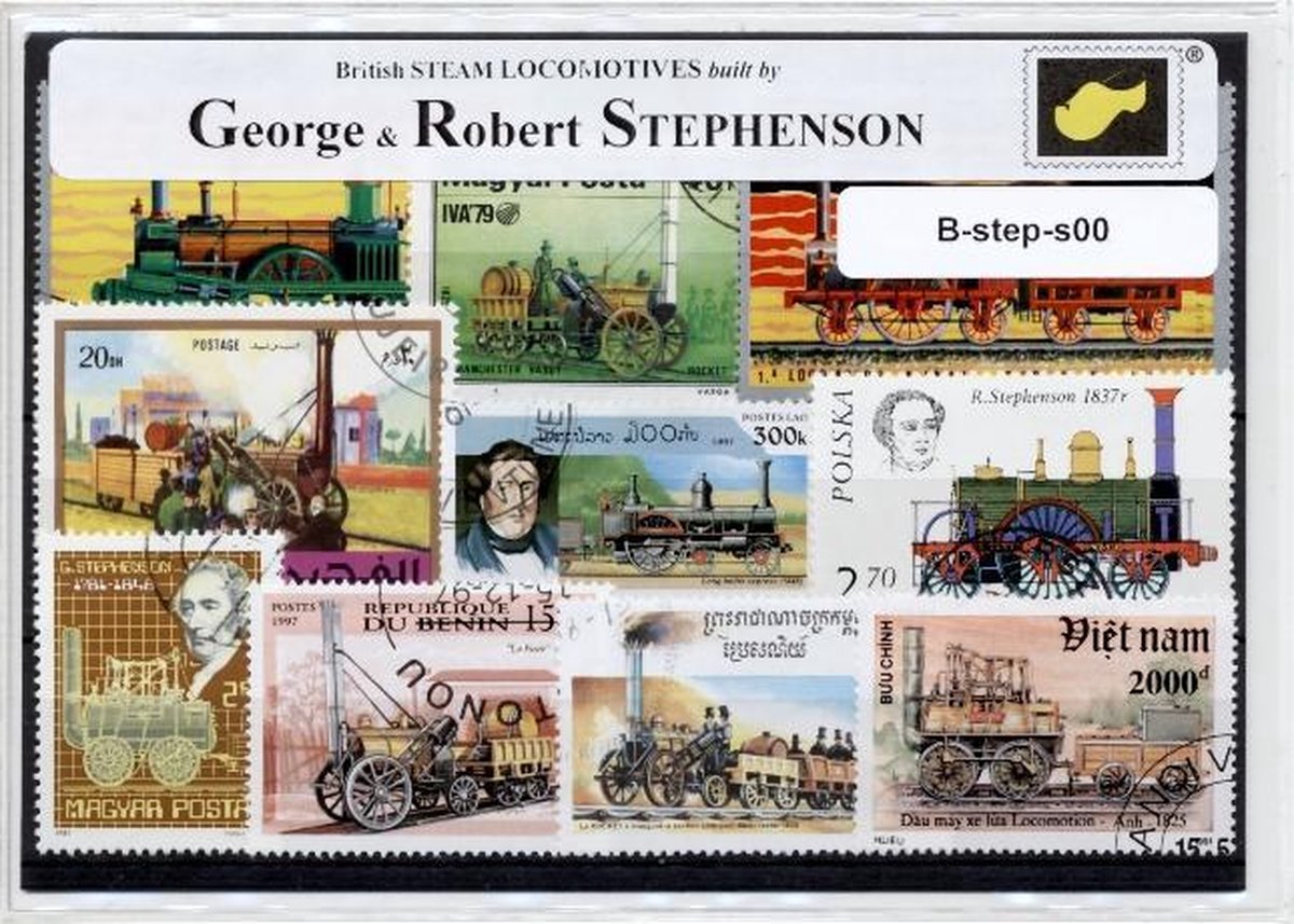 George & Robert Stephenson – Luxe postzegel pakket (A6 formaat) - collectie van verschillende postzegels van de gebroeders Stephenson – kan als ansichtkaart in een A6 envelop. Authentiek cadeau - kado - UK - locomotief - stoomlocomotief - treinen