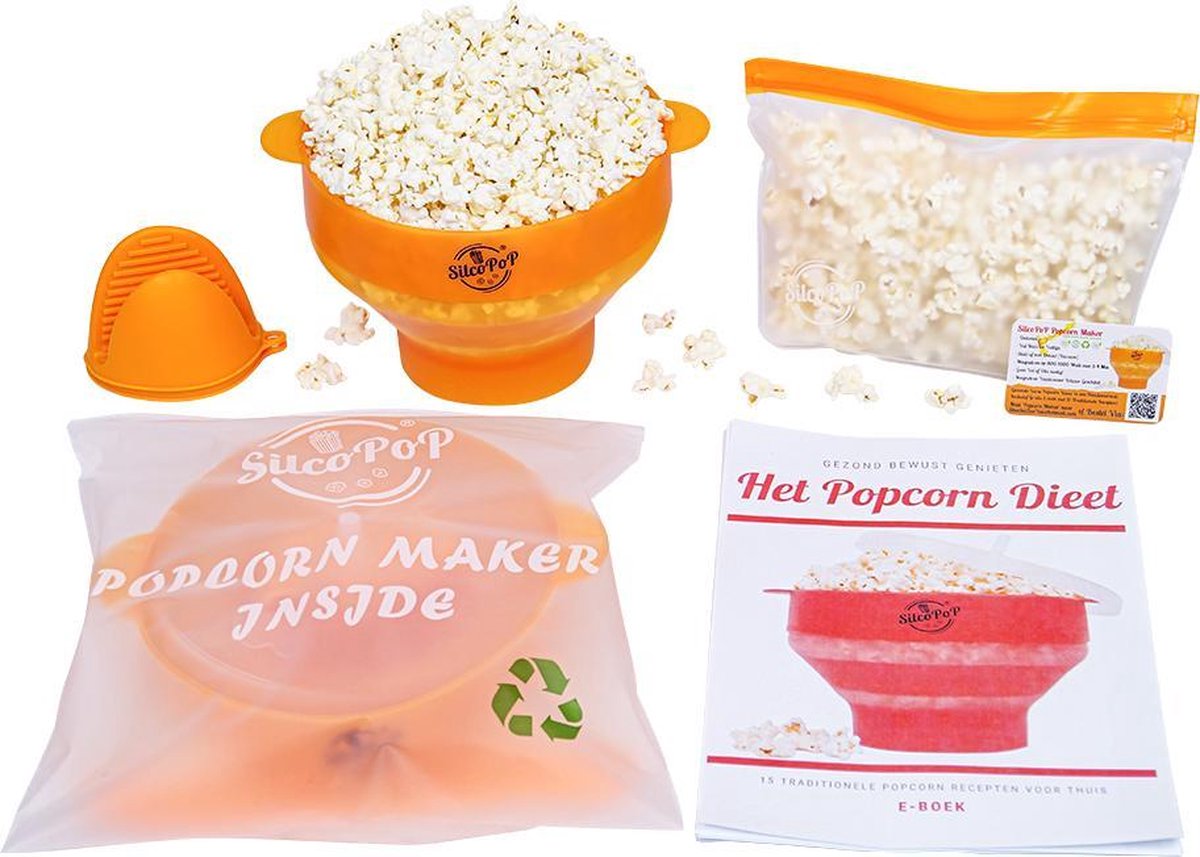 SilcoPoP 4in1 Popcorn Maker Bundle Orange - Siliconen Popcorn Popper Simpel & Opvouwbaar - Paar Hittebestendige Ovenwanten - Herbuikbare Luchtdichte Ziplock Opslag Tas - Milieuvriendelijk Verpakt -Met Gratis Recepten E Book in 3 Talen & VolumeKorting