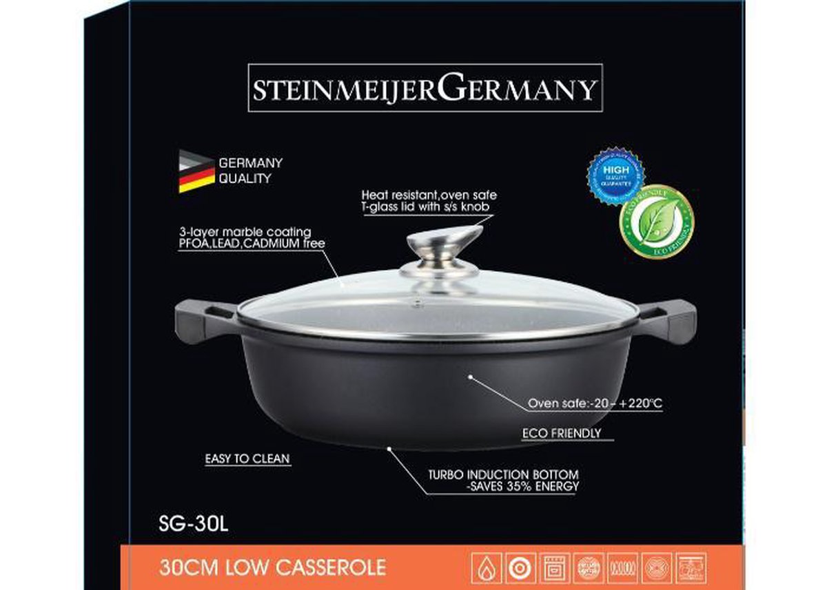 SteinMeijerGermany Marble/braadpan - Met glazen afdekplaat -weide pan zwart - 30 CM 8 Liter-hapjespan- brede pan voor inductie