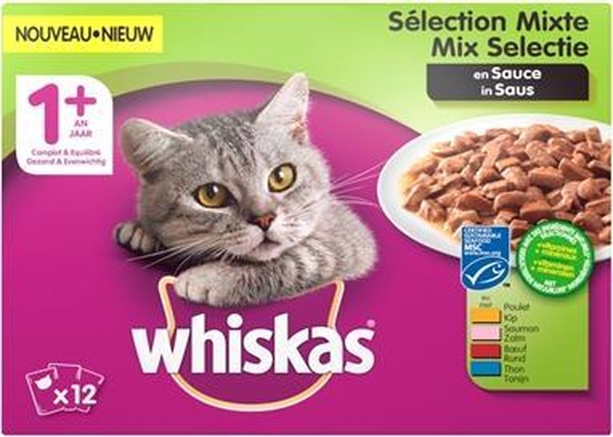 Whiskas multipack pouch adult mix selectie vlees / vis in saus - 12x100 gr - 4 stuks