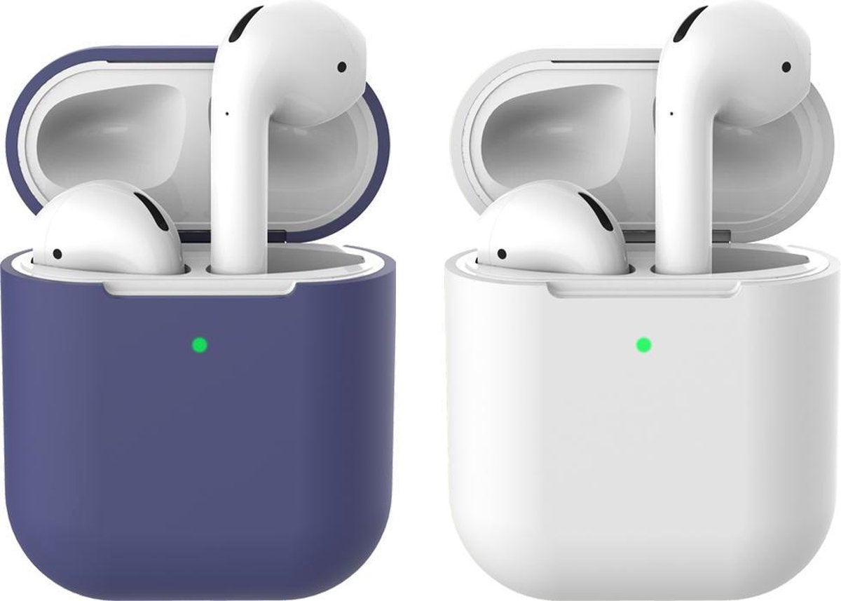 2 beschermhoesjes voor Apple Airpods - Donker Blauw & Wit - Siliconen case geschikt voor Apple Airpods 1 & 2