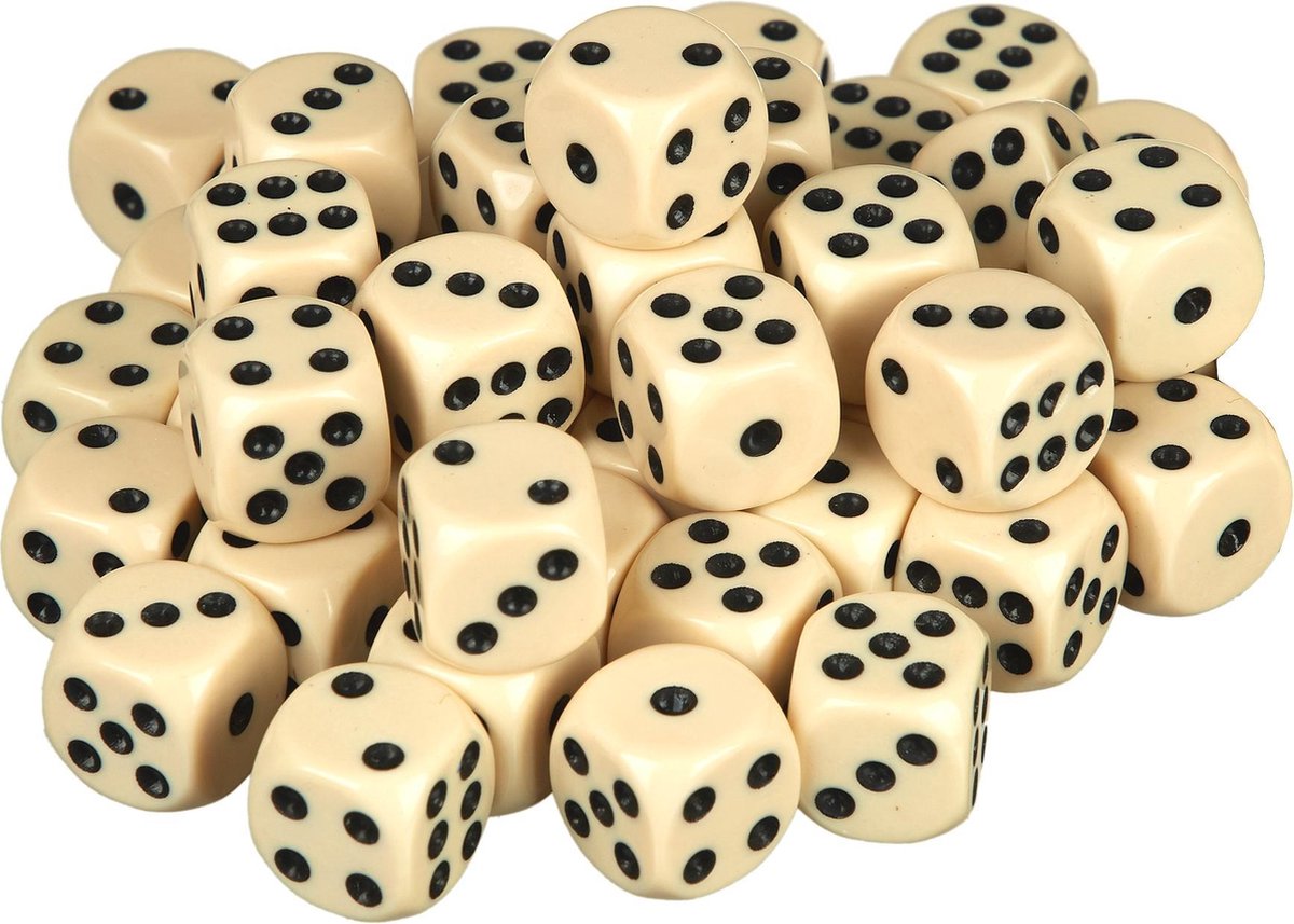 scarlet play | Kubusenset "Casino 50" met 50 stuks in stoffen zak; in standaard formaat voor 6-zijdige kubussen van 16 mm; spelletjes zoals in een casino. Ivoor