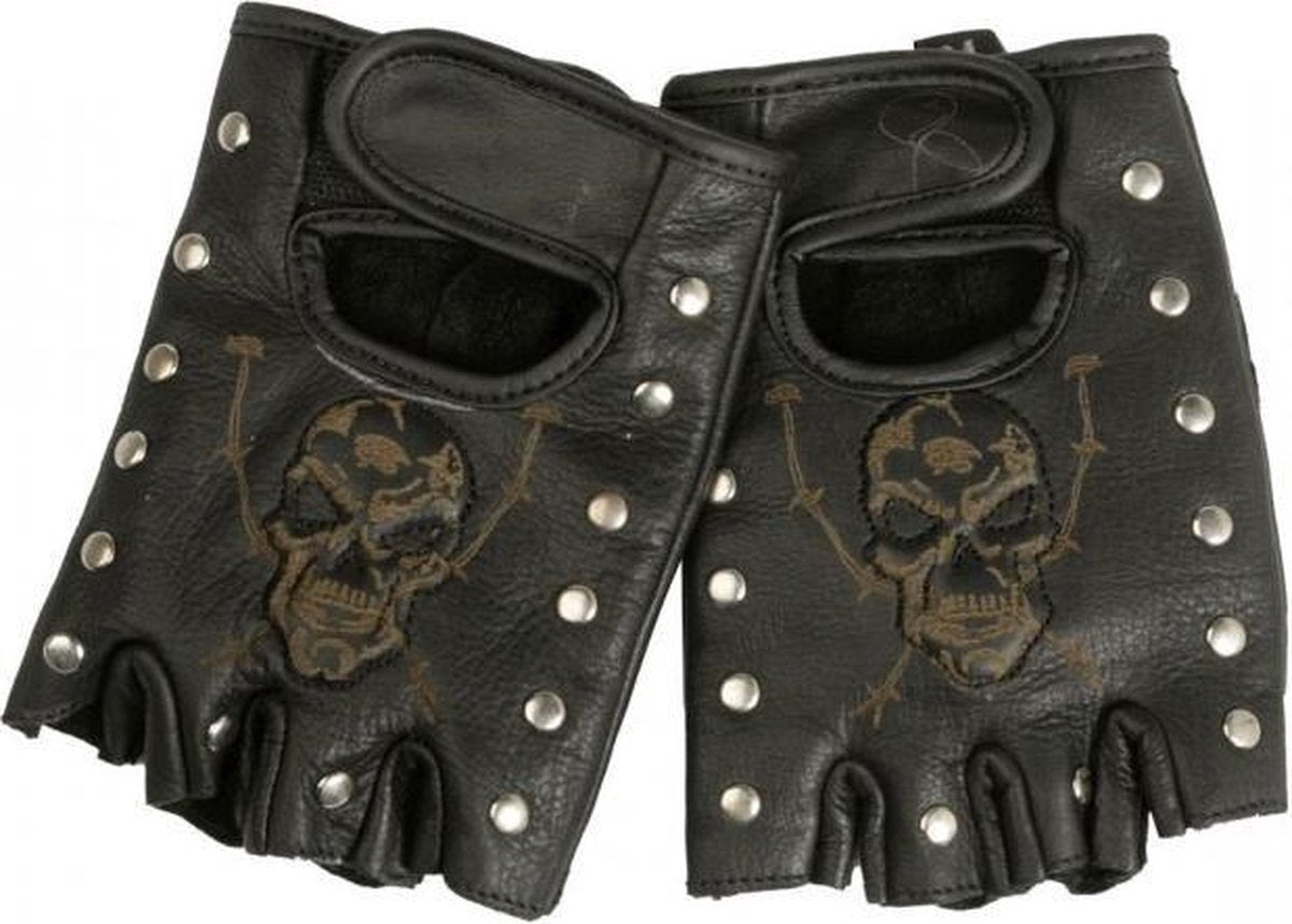 Leren handschoenen zonder vingers (mofjes) met nagel en Skull afbeelding maat 3XL
