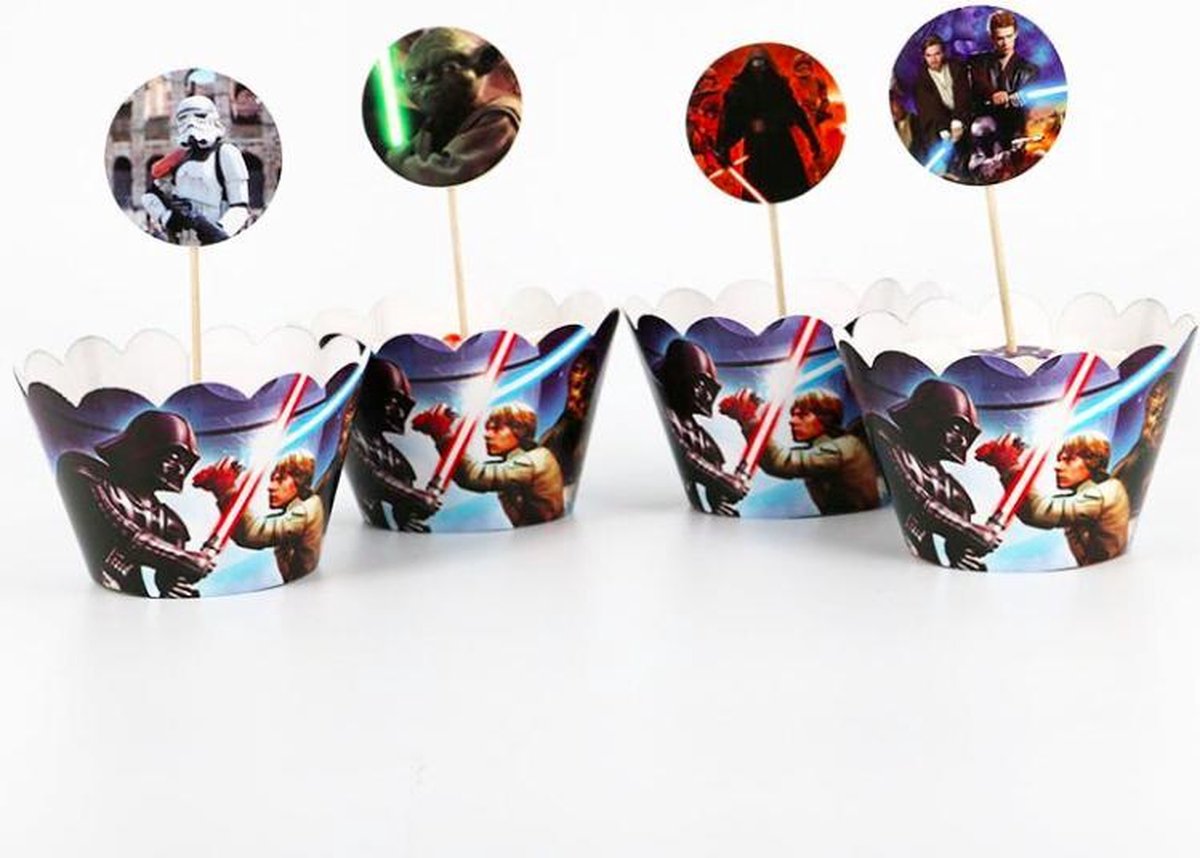 ProductGoods - 12 Stuks StarWars Mini Cupcake Bakjes + 12 Cupcake StarWars Versiering - Kinderen - Kinderfeestje - Party - Taart Decoraties - Verjaardag Decoratie - Happy Birthday - StarWars - Omslagen - Omslag - mini cupcake vormpjes