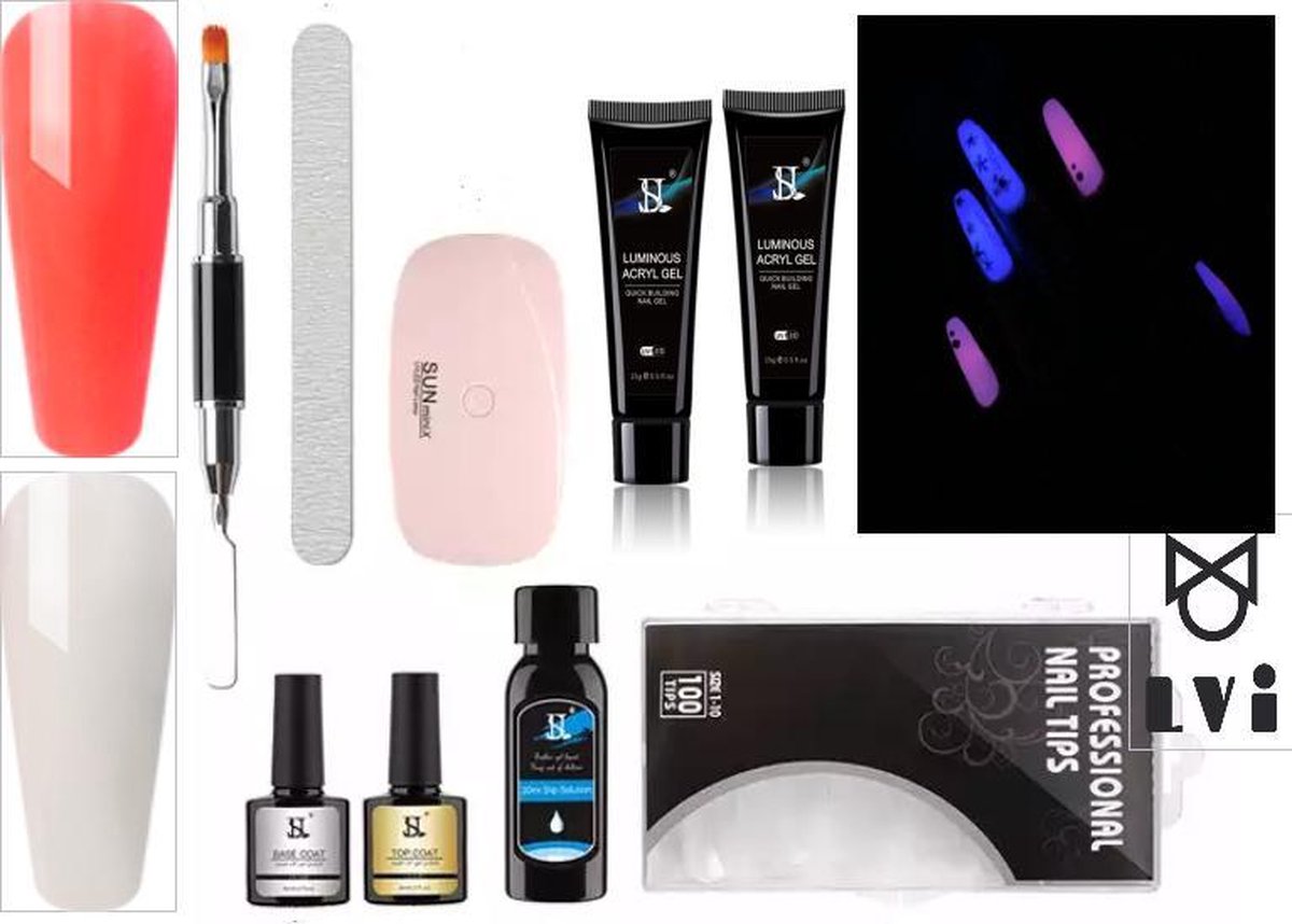 Elvi Polygel luminous kit-complete set inc. USB Uv/Led mini lamp -Nagelverlenging- Glow in the dark -Polyacryl gelnagellak kleuren Koraal rood & Katoen wit