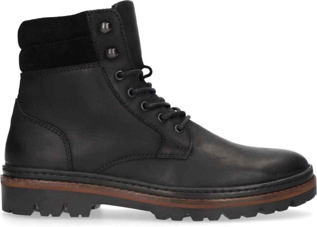 Manfield - Heren - Zwarte leren veterboots - Maat 45