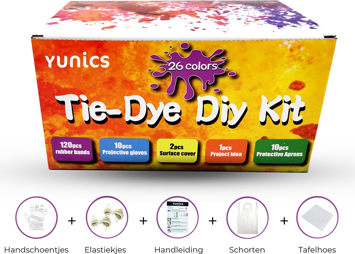 YUNICS® Tie Dye Kit - XXL - 26 kleuren 120ML - Tie Dye Set - Tie Dye Verf - Textielverf - Complete Set - Inclusief Elastieken & Handschoenen - Inclusief Nederlandstalige Handleiding