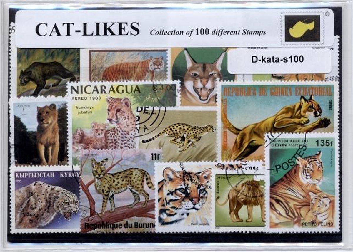 Katachtigen – Luxe postzegel pakket (A6 formaat) : collectie van 100 verschillende postzegels van katachtigen – kan als ansichtkaart in een A6 envelop - authentiek cadeau - kado tip - geschenk -kaart - kat - kater -  tijger - katten - panter - cheeta