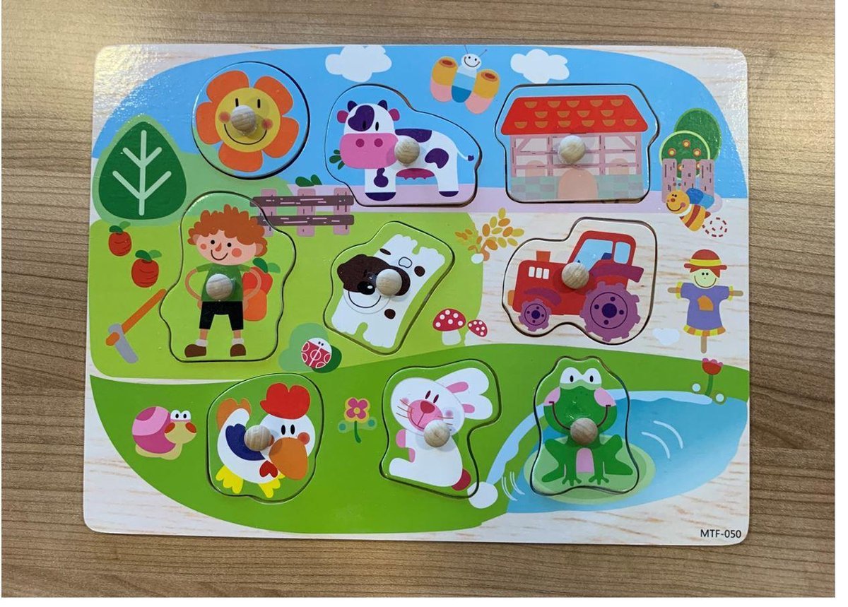 Houten kinderpuzzel | educatief | boerderij | vormenpuzzel | kinderen | 9-delig | dieren |
