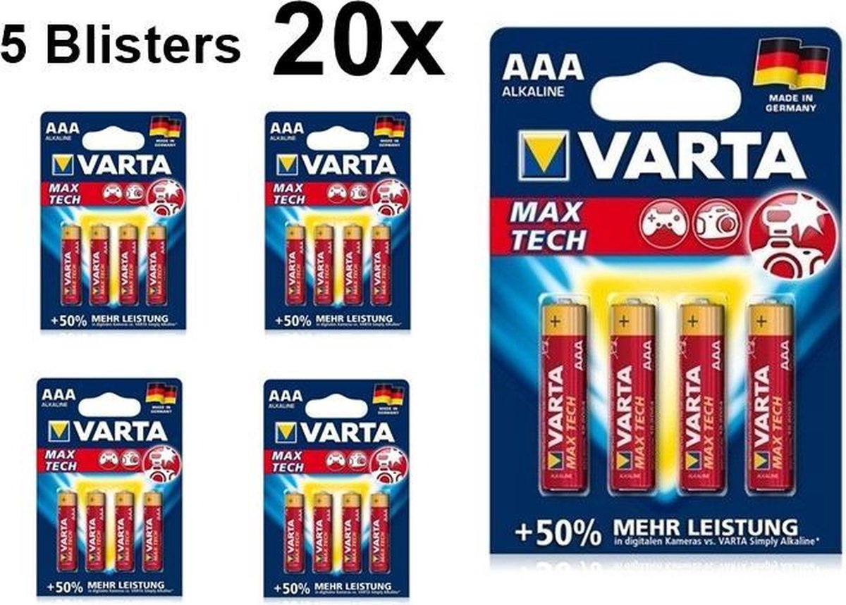 20 Stuks (5 Blisters a 4st) - VARTA Max Tech LR03 / AAA / R03 / MN 2400 1.5V alkaline batterij