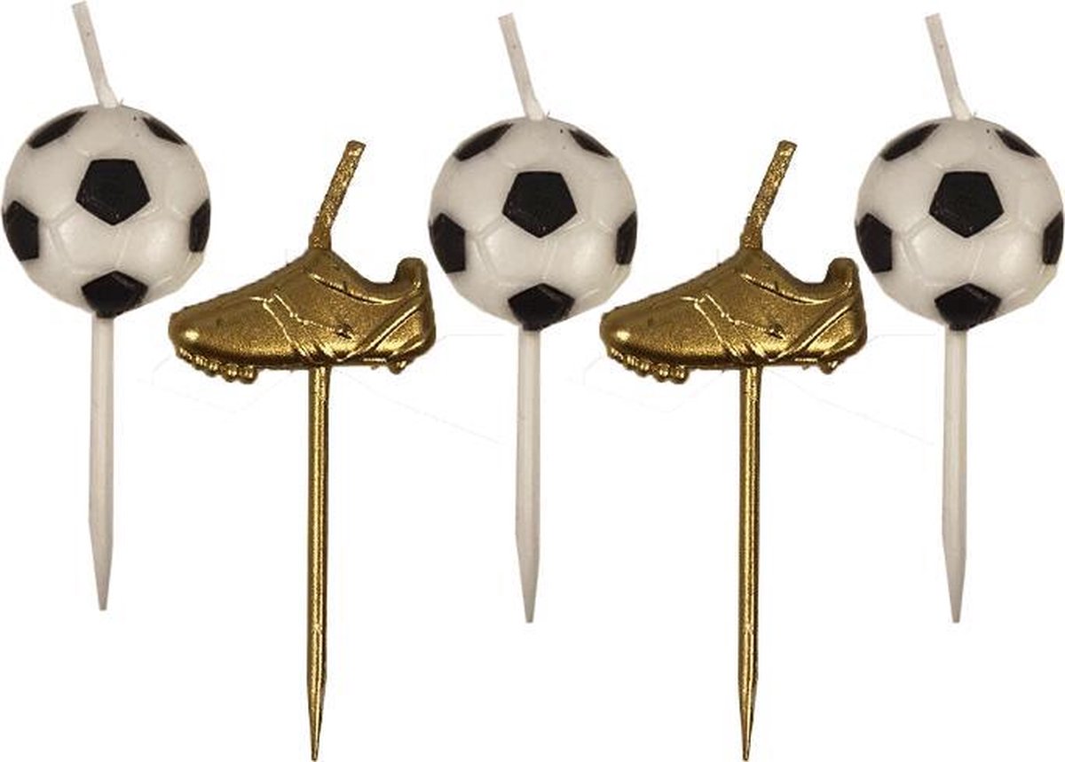 Kaarsjes voetbal 5 stuks 3 x voetbal 2 x voetbalschoen goud