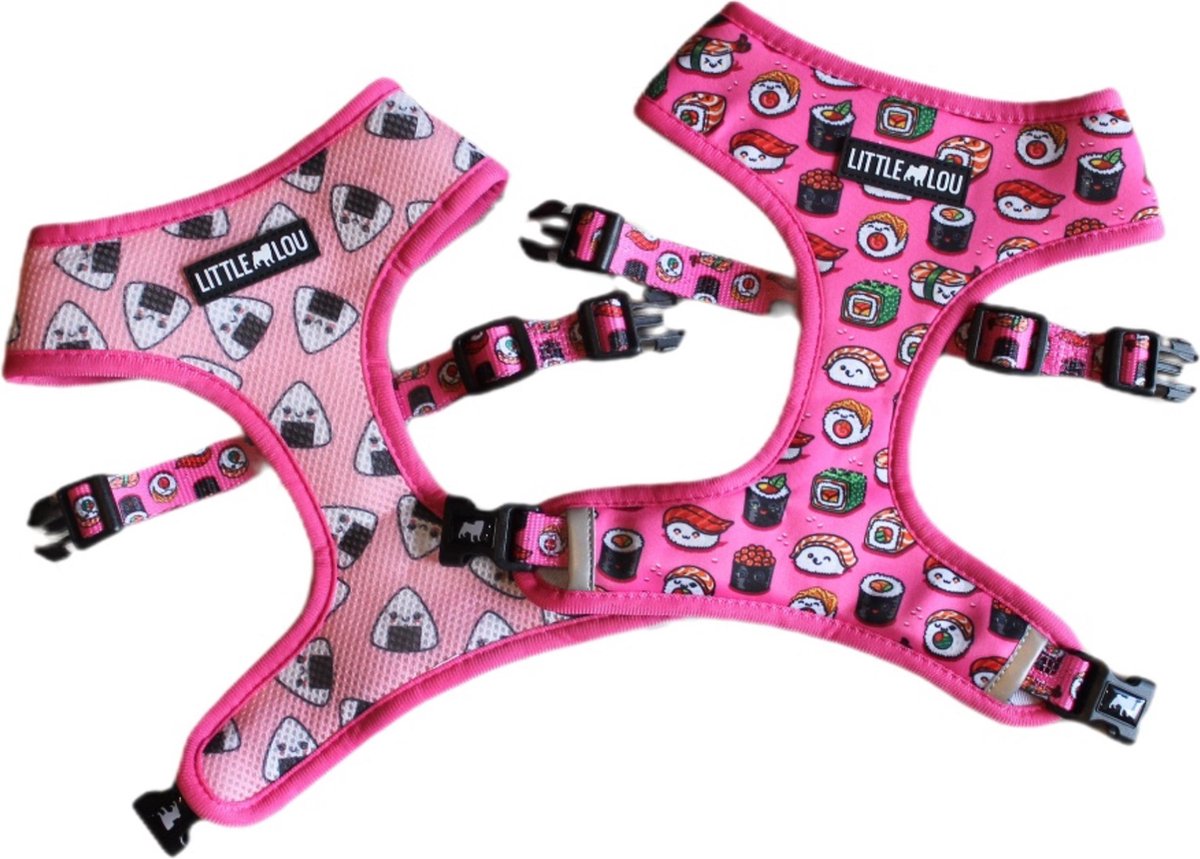 Little Lou The Brand hondentuig SUSHI LOVER - S - hondentuigje - hondenharnas - verstelbaar - reflecterend - roze - omkeerbaar 2 in 1