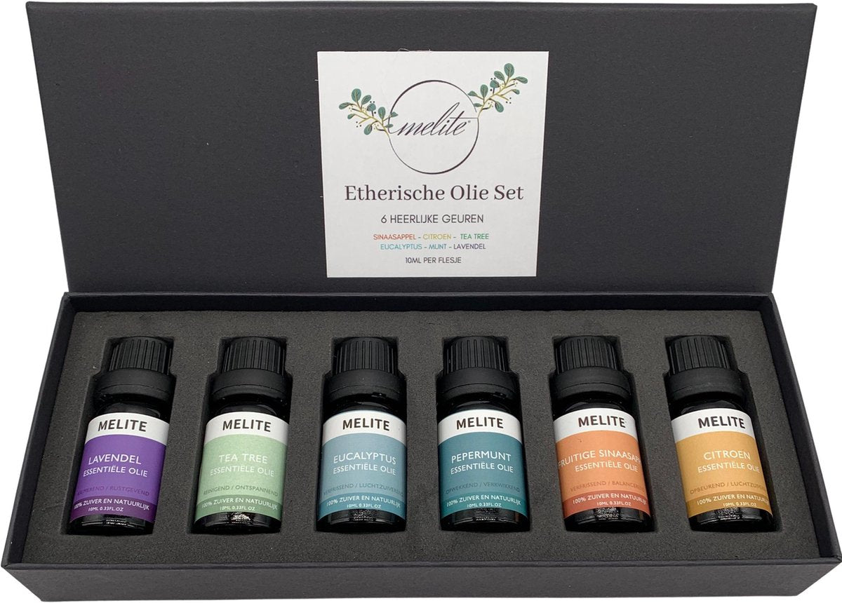 MELITE Premium Etherische Olie set - 100% Natuurlijk - Aromatherapie - 6 Heerlijke geuren - Olie voor aroma diffuser - 6 x 10ml