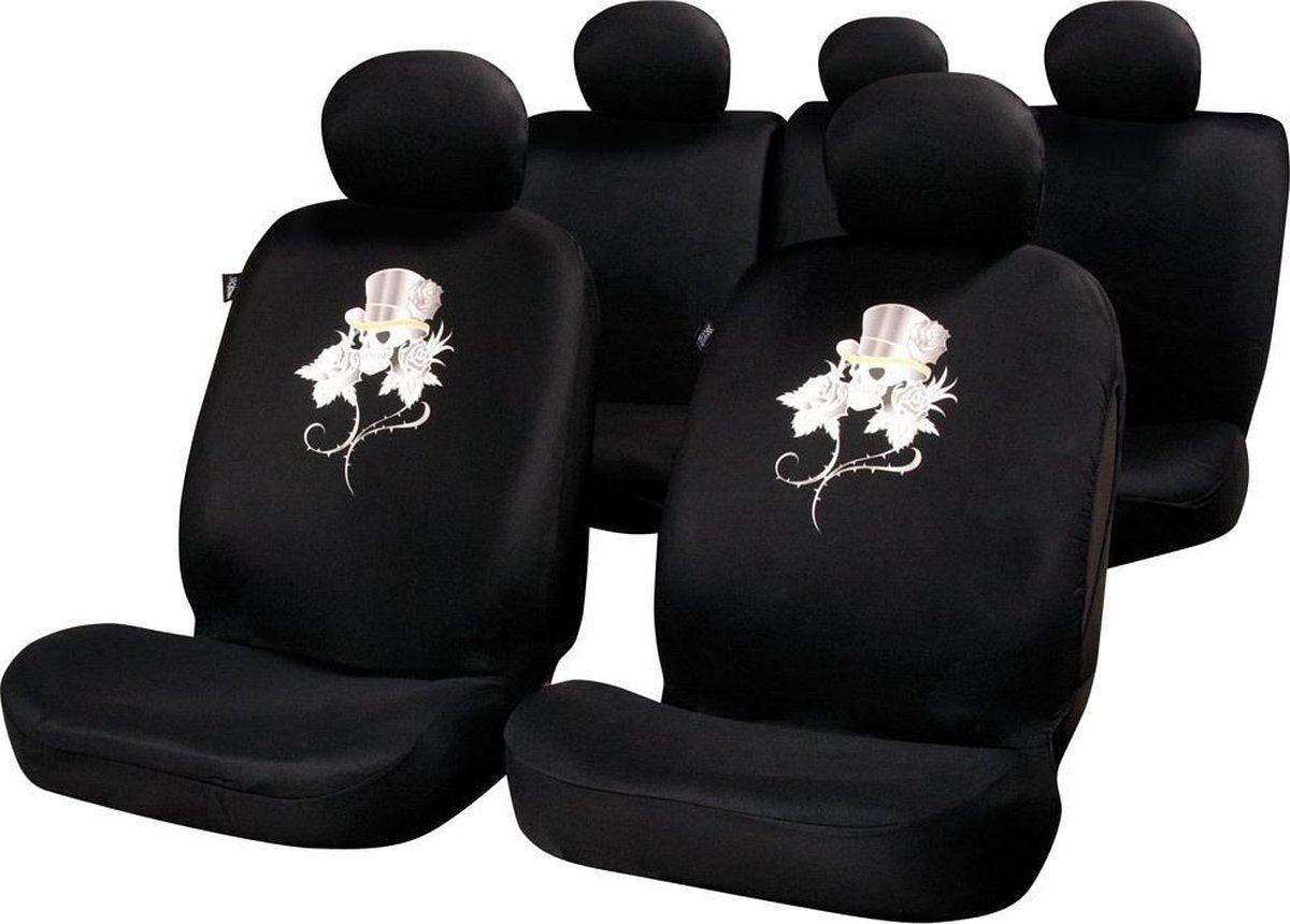 Car Plus Stoelhoezenset Rose & Skull Uni Polyester Zwart 11-delig