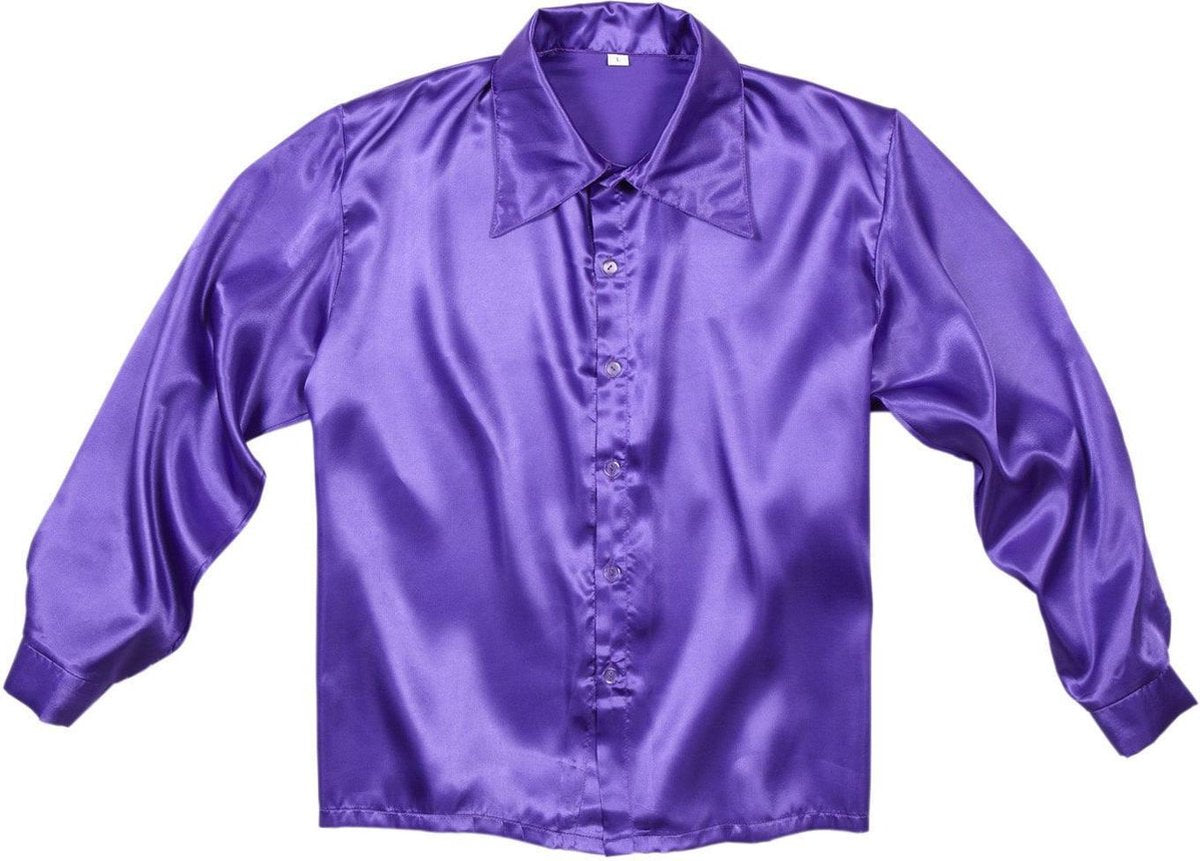 Jaren 80 & 90 Kostuum | 70s Disco Shirt Paars Satijn Man | XL | Carnaval kostuum | Verkleedkleding