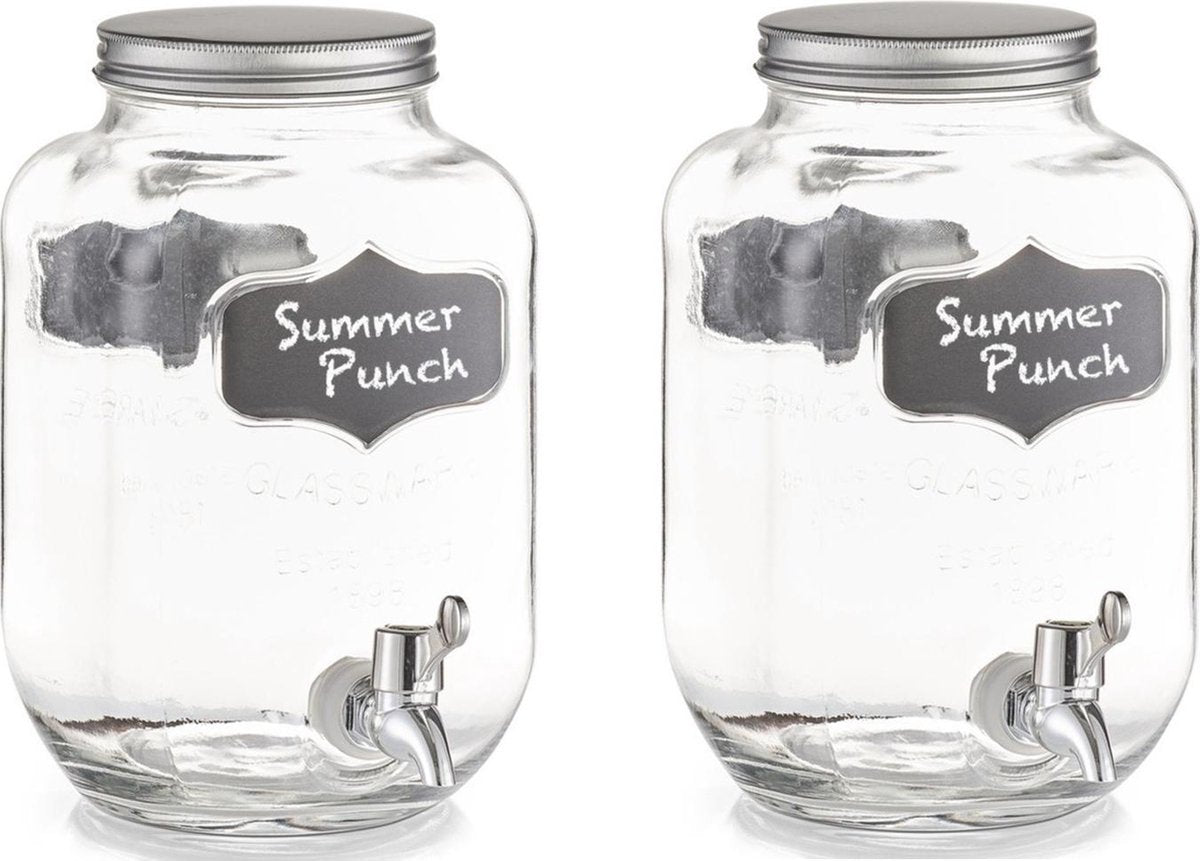 2x Glazen drank dispenser met krijtlabel 3
