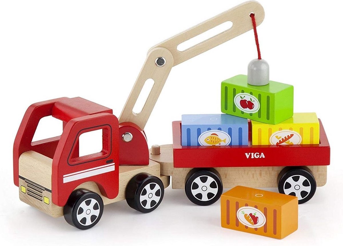 Viga Toys Houten Kraanwagen Met Accessoires 29 Cm Rood