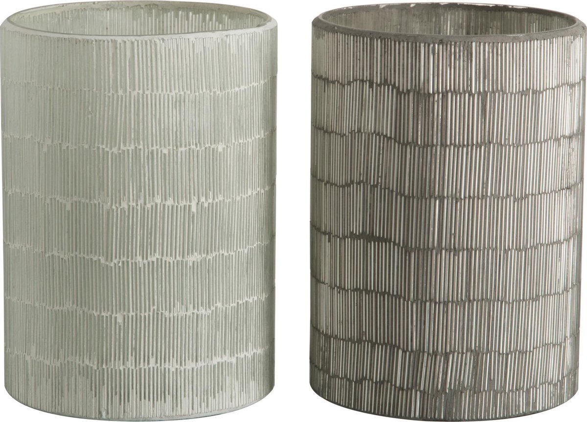 J-Line Windlicht Streep Glas Grijs Large Assortiment Van 2