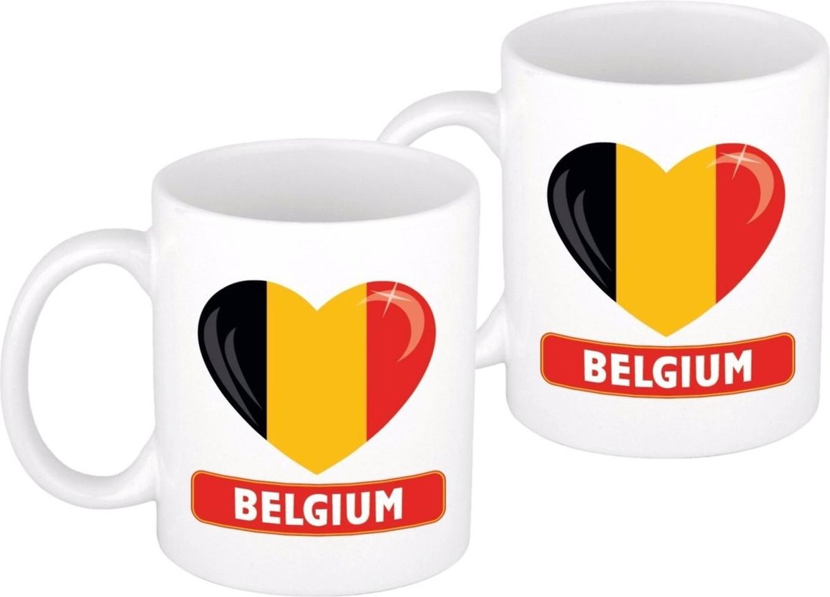 2x stuks hartje vlag Belgie mok / beker 300 ml - Belgische landen vlaggen supporters feestartikelen