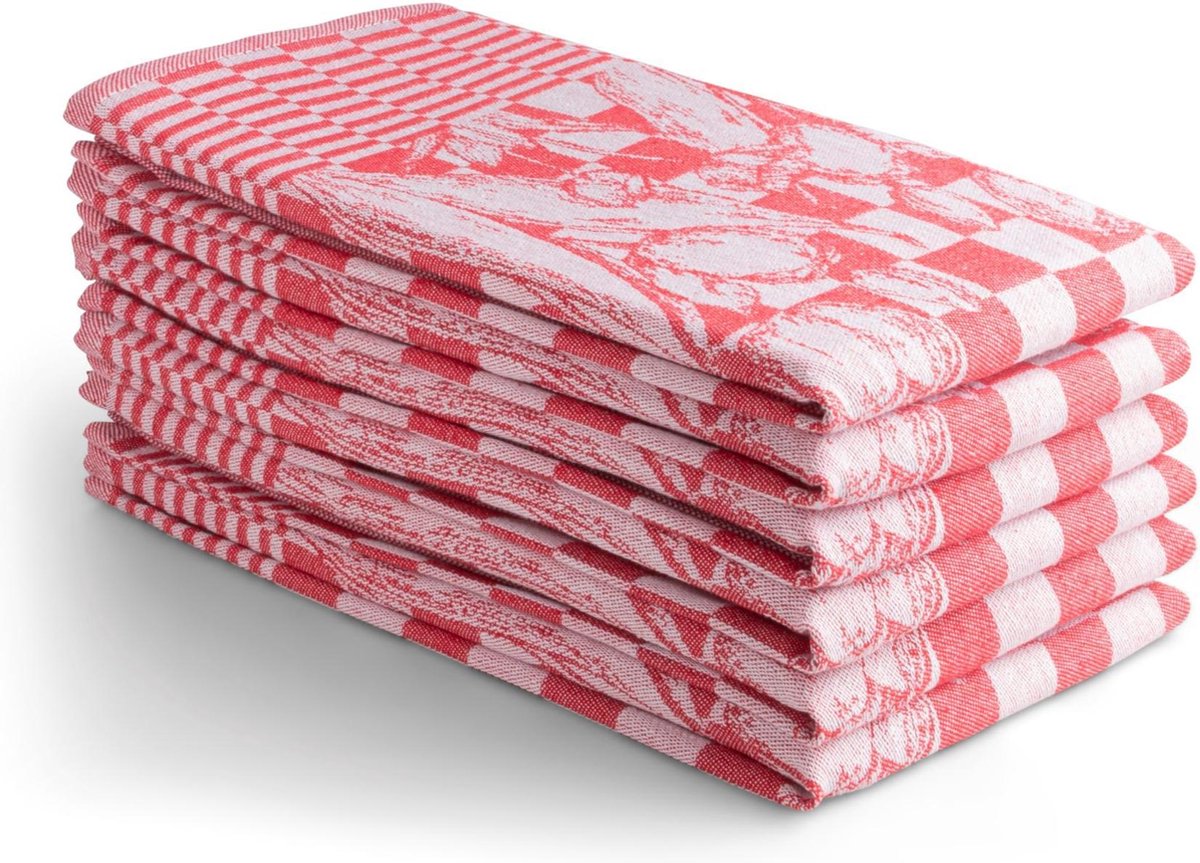 Seashell Oerhollands Theedoeken Set - 6 Theedoeken - Rood tulp patroon - 65x65cm
