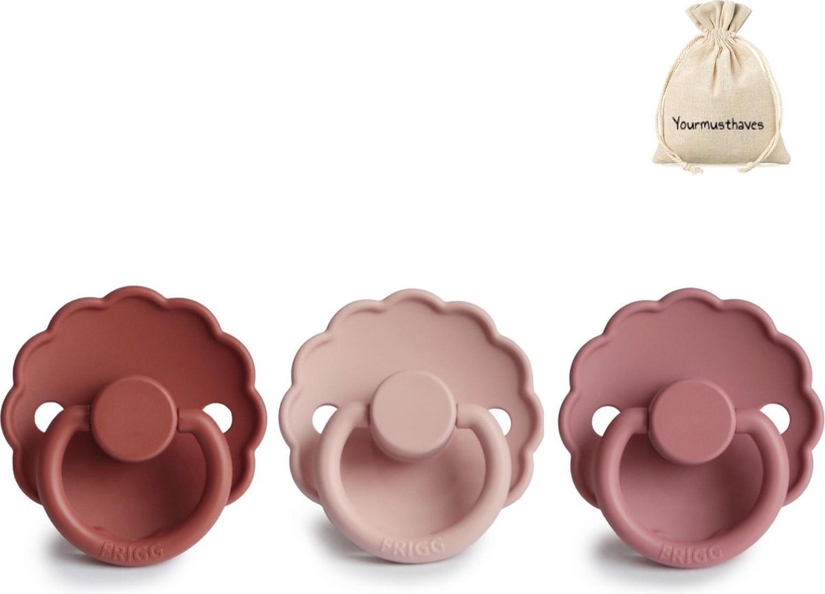 FRIGG | Fopspeen set 3 stuks | T1 | 0-6 maanden | Daisy | Natuurrubber | Baked Clay + Blush + Dusty Rose | Met YOURMUSTHAVES speenzakje