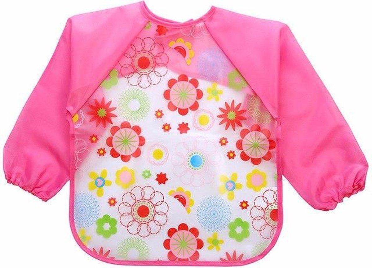 JillyBee - Slabber - Schort - Slabberschort - Waterproof - Mouwen -Bloemen - Roze