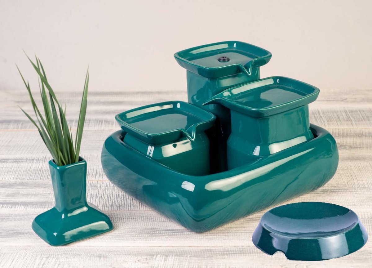Miaustore grote keramische fontein set - drinkfonteinen - voerbak - drinkbak - kattengras - turkoois - blauw - groen - 3