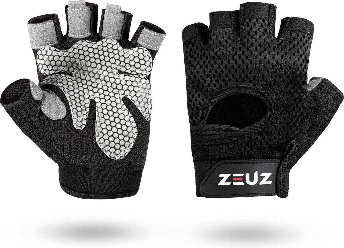 ZEUZ® Sport & Fitness Handschoenen Dames & Heren – Krachttraining Artikelen – Gym & Crossfit Training – Grijs & Zwart – Gloves voor meer grip en bescherming tegen blaren & eelt - Maat S