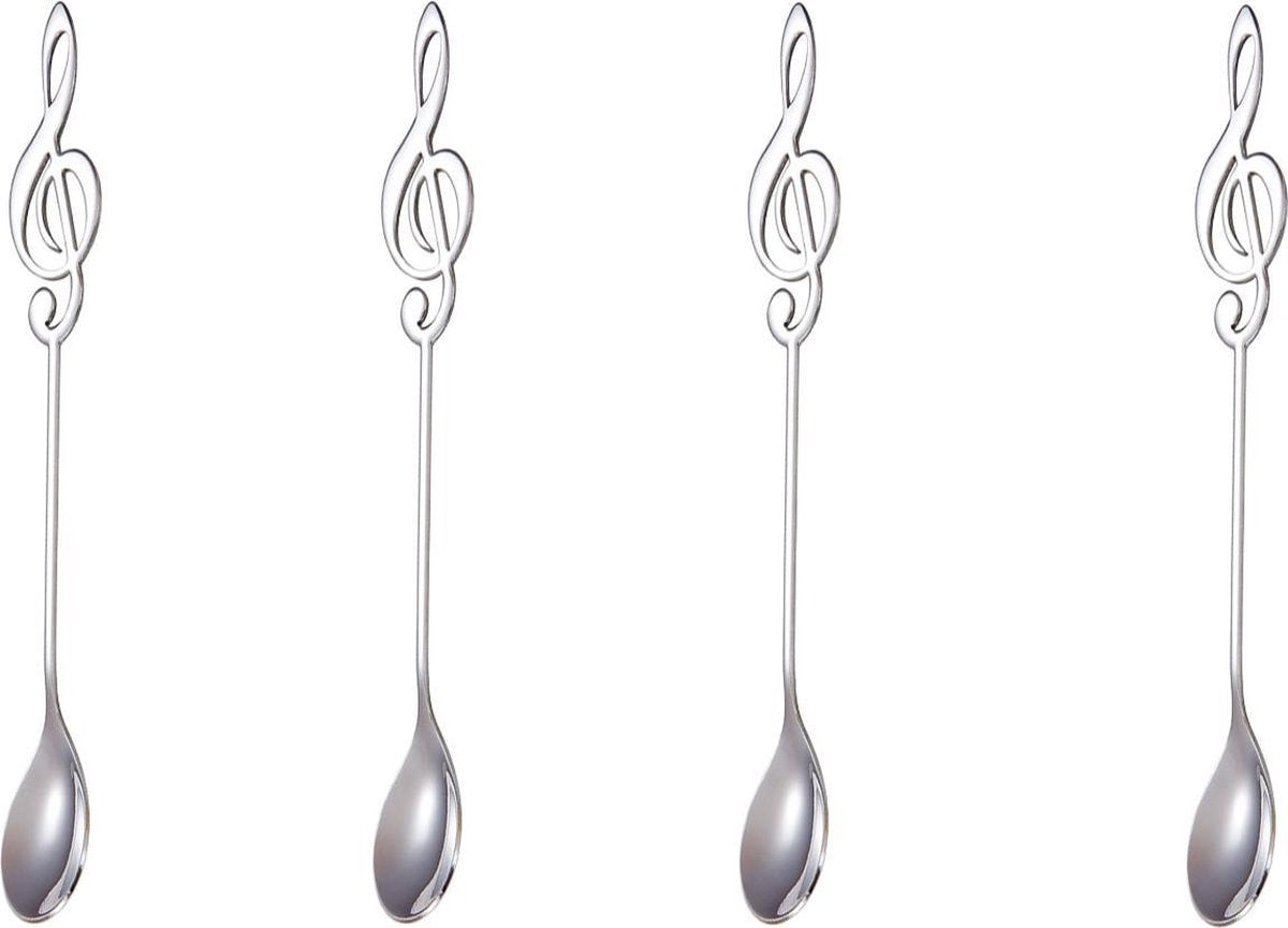 4 Theelepel Muzieknoot - Koffielepel - Thee en Koffie Lepel – RVS - Zilver
