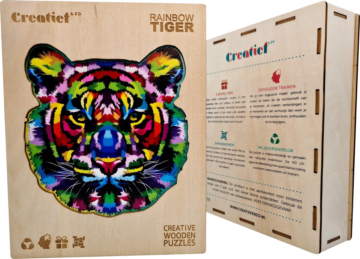 Regenboog Tijger - Houten Puzzel - Jigsaw puzzels - Volwassenen - A4 formaat