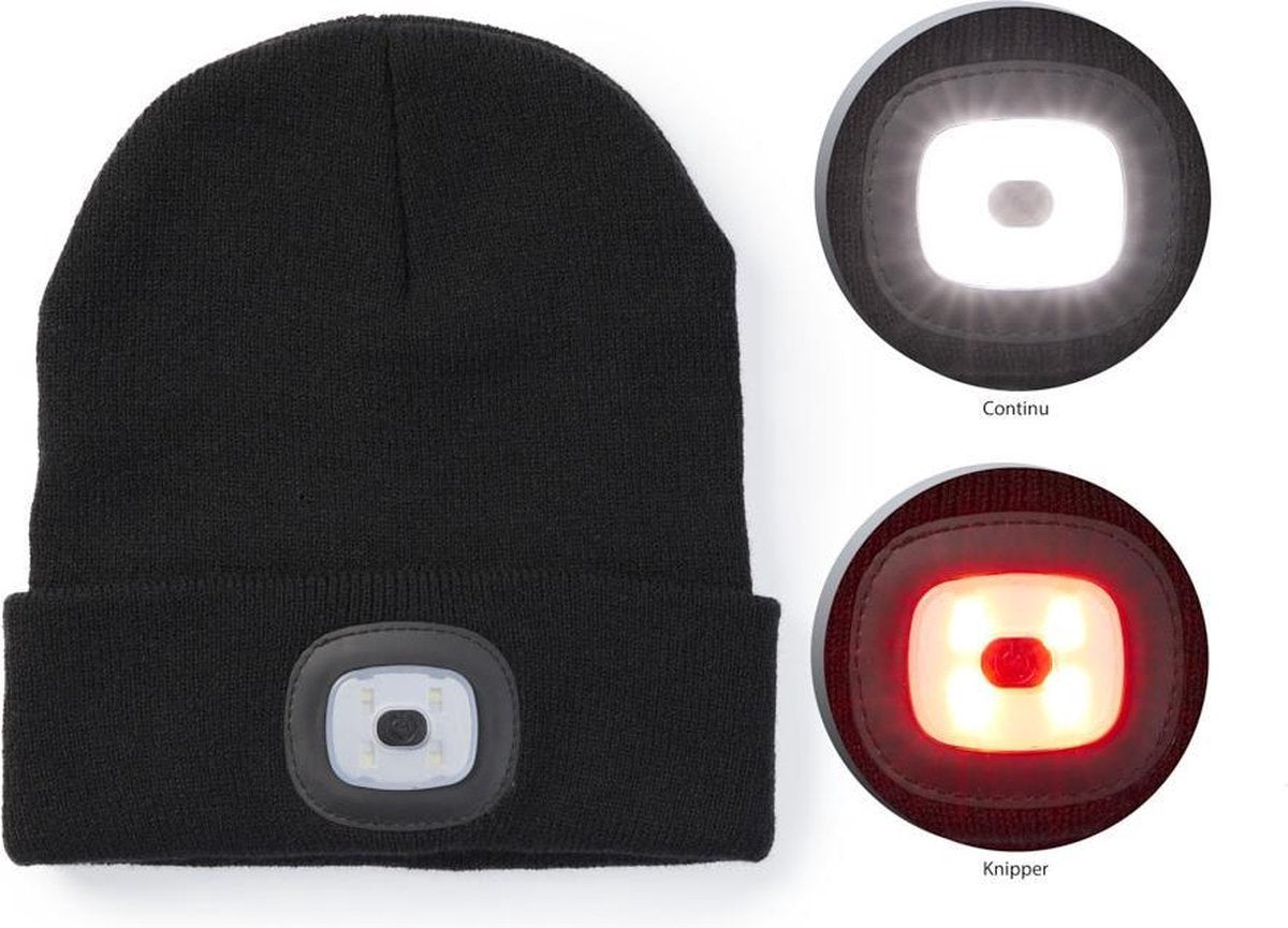 TECHNOSMART Muts met LED Verlichting – Zwarte Beanie – Unisex – One Size – Warme Hardloopmuts