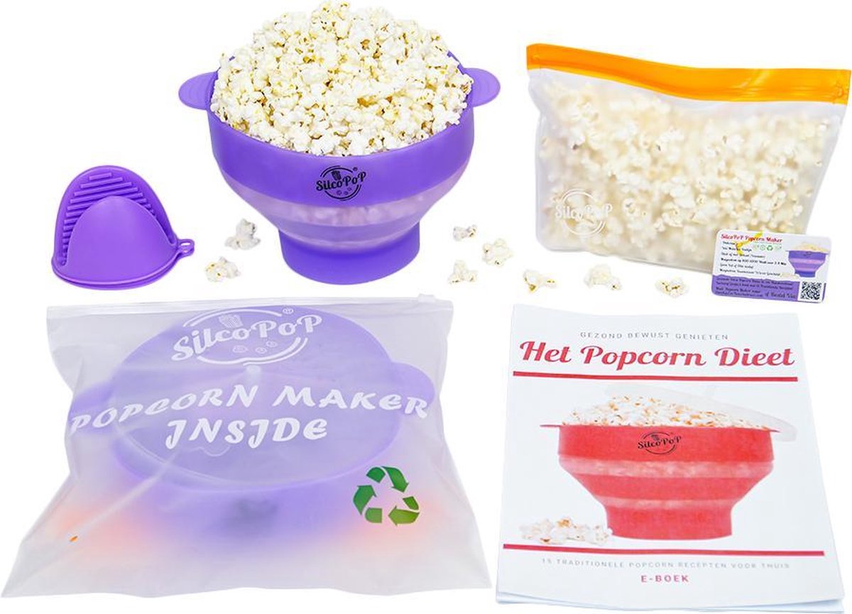 SilcoPoP 4in1 Popcorn Maker Bundle Paars - Siliconen Popcorn Popper Simpel & Opvouwbaar - Paar Hittebestendige Ovenwanten - Herbuikbare Luchtdichte Ziplock Opslag Tas - Milieuvriendelijk Verpakt - Met Gratis Recepten E Book in 3 Talen & VolumeKorting