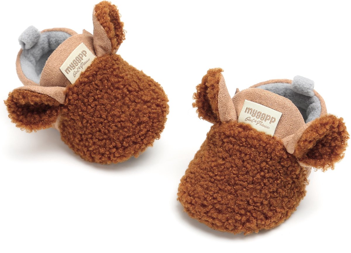 Schattige en warme Myggpp baby slofjes met anti slip zool bruin 0-6 mnd/11 cm