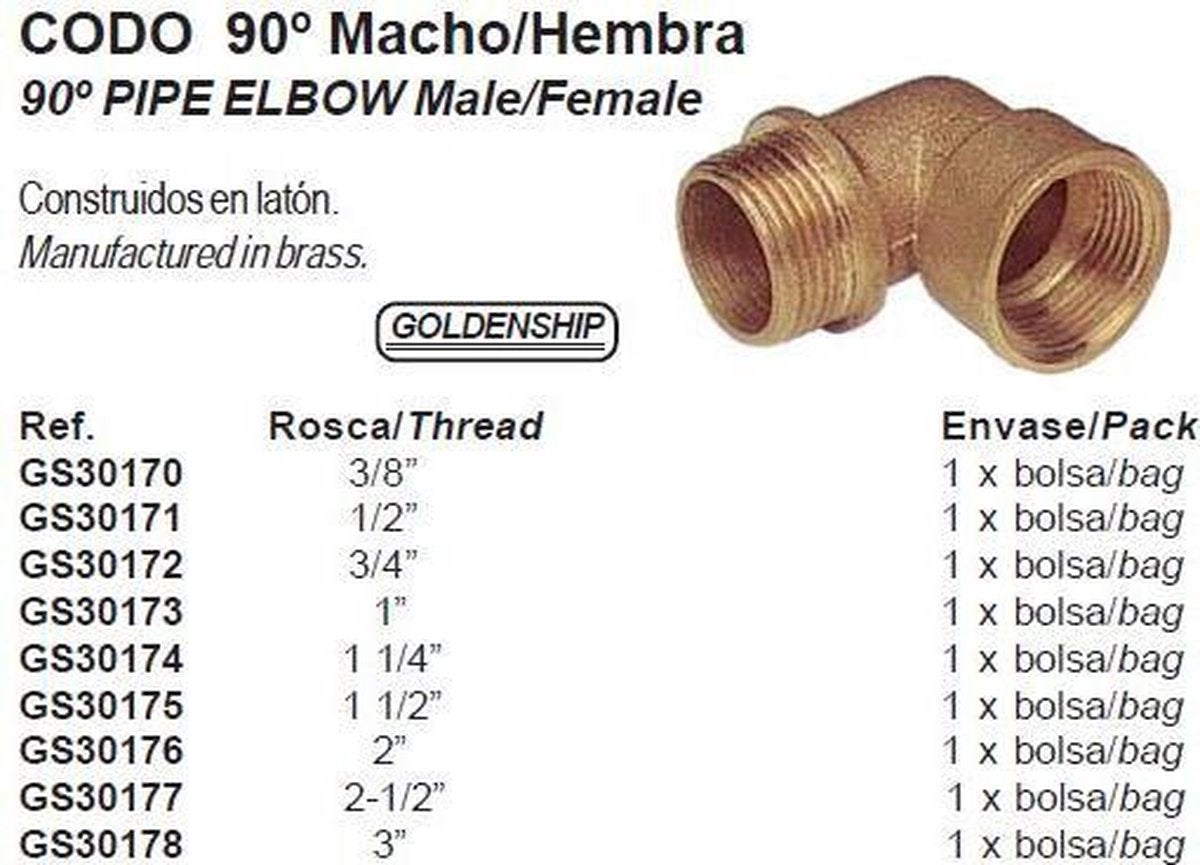 90º Pijpstuk Elleboog Male/Female messing (schroefdraad: 1 1/2'') per stuk (GS30175)