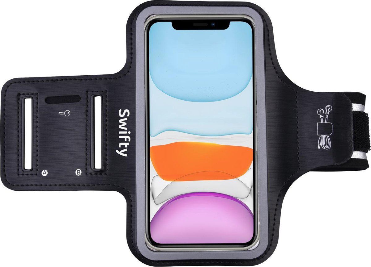 Universele Smartphone Hardloop Armband Zwart/ Sportarmband Hardloopband - Inclusief ruimte voor 2 sleutels- Sportarmband - Smartphonehouder - Geschikt voor iPhone 11 Pro / XS / X / 8 / 7 / 6S / 6 - Samsung - Huawei - 100% Spatwaterdicht - Swifty