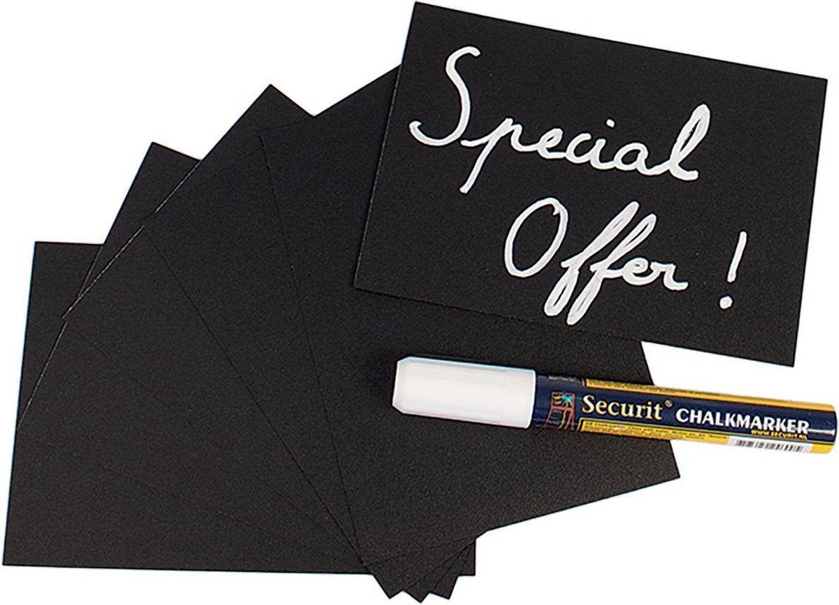 Chalk board tags A6 (washable) - set of 20  tags + 4 spikes + 2 stands + chalk marker