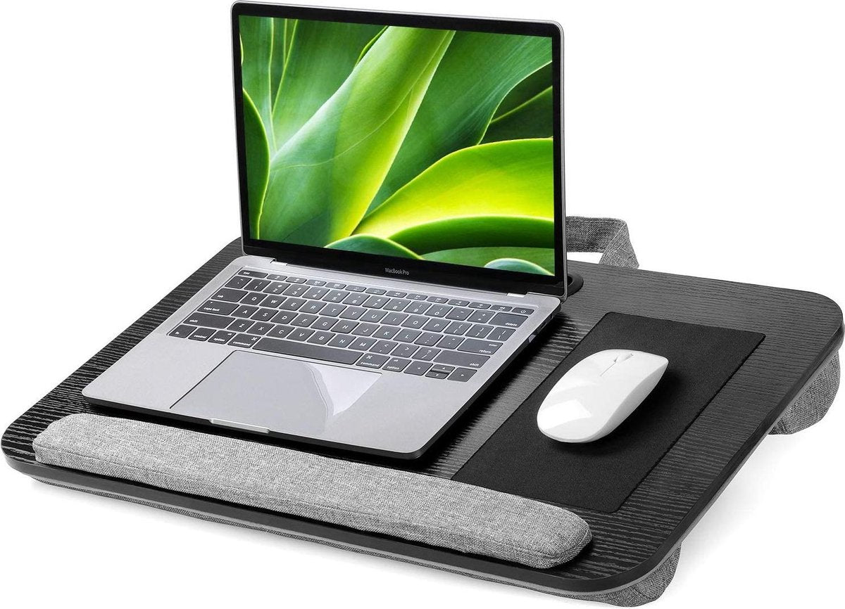 HN® Comfortabele schoot en bureau laptop / tablet plateau zwart | Portable houder | Ingebouwde muismat en kussens | bed bank trein auto | laptophouder bedtafel | knie tafel | Laptop standaard voor max. 17 inch | Afmetingen: 55x35cm