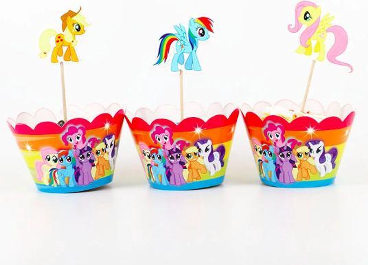 ProductGoods - 12 Stuks My Little Pony Mini Cupcake Bakjes + 12 Cupcake My Little Pony Versiering  - Kinderen - Kinderfeestje - Party - Taart Decoraties - Verjaardag Decoratie - Happy Birthday  - MylittlePony - Omslagen - mini cupcake vormpjes