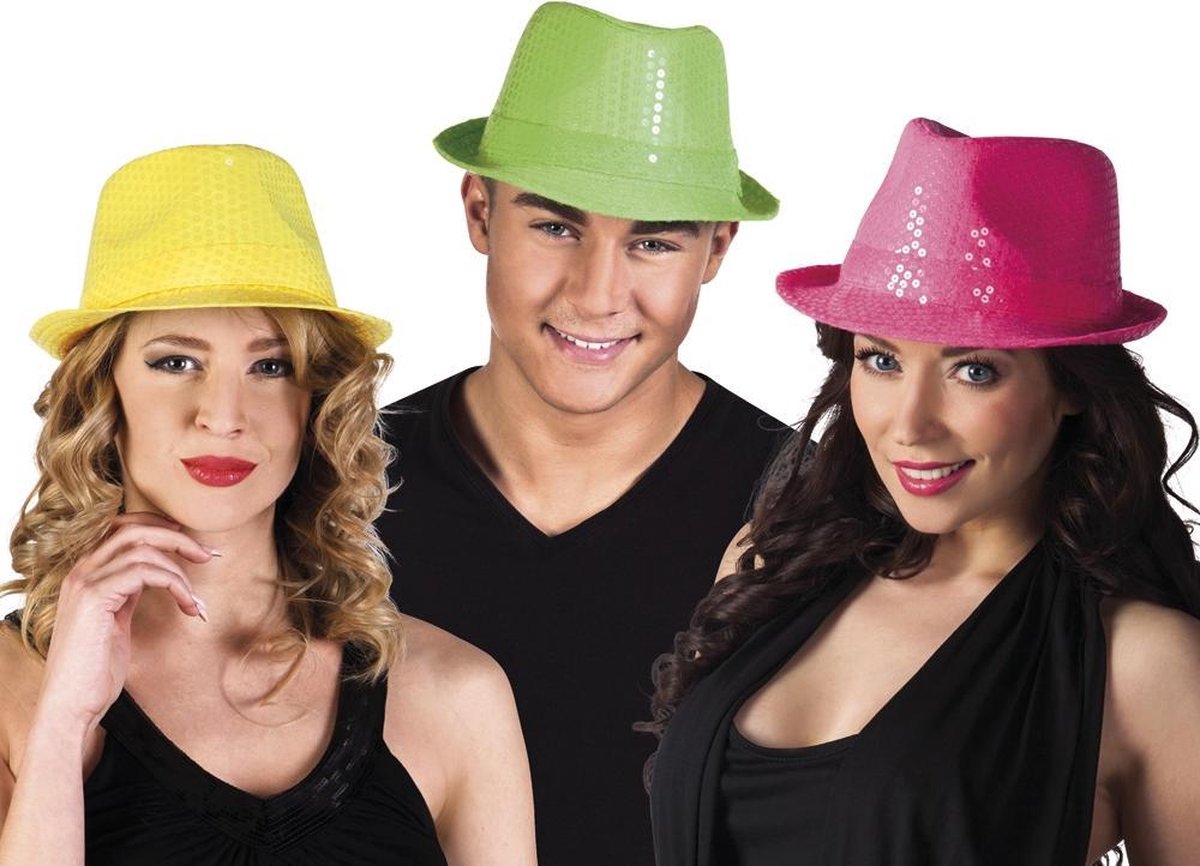 12 stuks: Hoed Popstar spangles in 3 neonkleuren - assorti