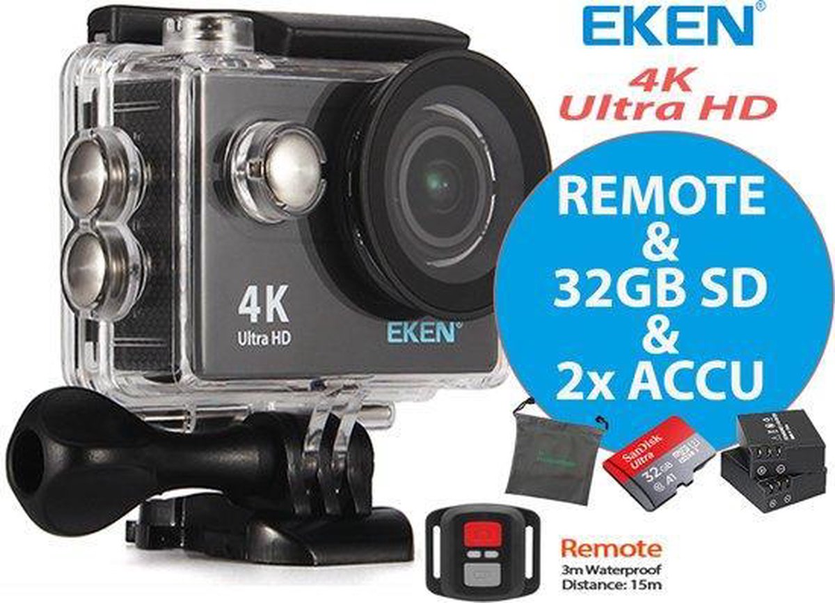 EKEN H9R  + Sandisk 32GB SD + Extra Accu + Waterproof bag + 23 Accessoires