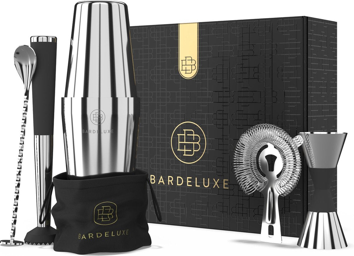 Boston Cocktail Set van BarDeluxe® - 5-Delig - 750ml Shaker - Maatbeker - Cocktail Stamper - Cocktail Zeef - Bar Lepel - Incl. Nederlandstalig Receptenboek + Bewaarhoes - Zilver