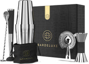 Boston Cocktail Set van BarDeluxe® - 5-Delig - 750ml Shaker - Maatbeker - Cocktail Stamper - Cocktail Zeef - Bar Lepel - Incl. Nederlandstalig Receptenboek + Bewaarhoes - Zilver