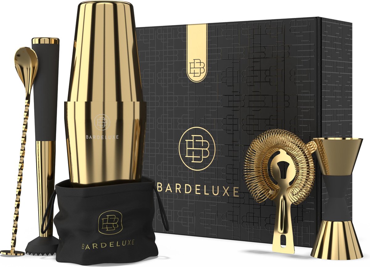 Boston Cocktail Set van BarDeluxe® - 5-Delig - 750ml Shaker - Maatbeker - Cocktail Stamper - Cocktail Zeef - Bar Lepel - Incl. Nederlandstalig Receptenboek + Bewaarhoes - Goud
