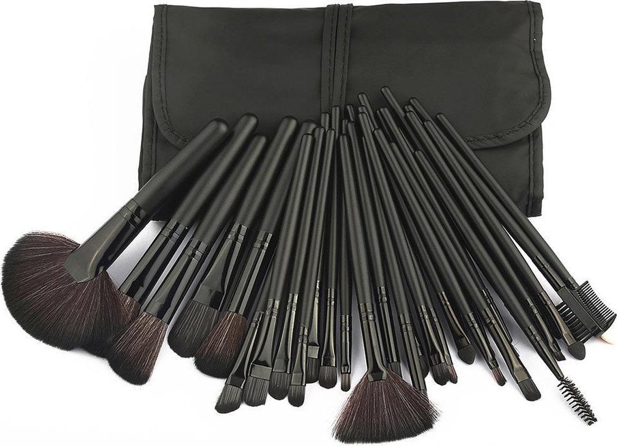 Professionele 32-delige make-up kwasten set - zwart - Inclusief lederen etui met sponge