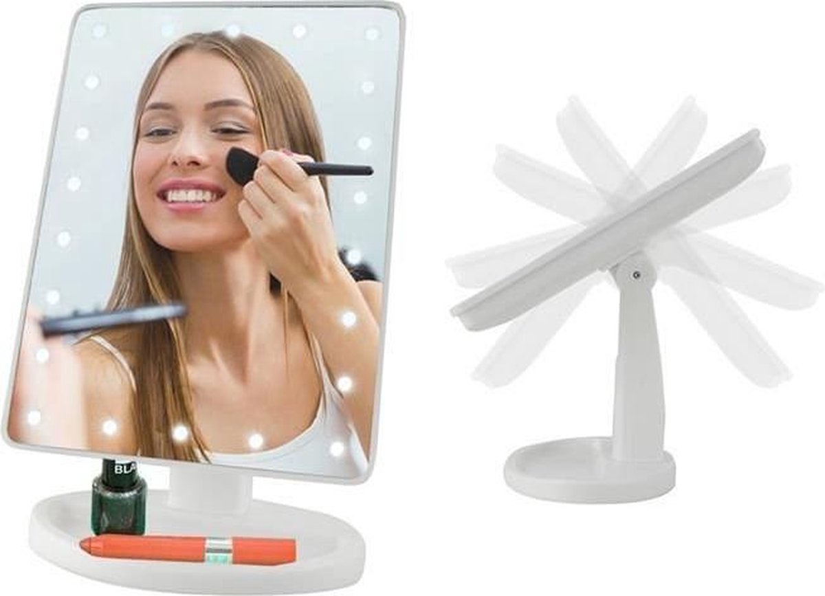 Spiegel met LED verlichting met 24 LED Lampen - Make-up Spiegel - Compacte spiegel - Make-up spiegel - Spiegel met licht - 180 ° kantelbaar - Make-up spiegeltje - Spiegel Met USB en Batterijen - Touch Dimmer - Stand - Wit