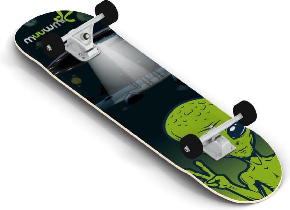 Skateboard Volwassenen/Kinderen/Jongens/Meisjes - Muuwmi - Alien Zwart/Groen 20 x 79 cm - 31 inch