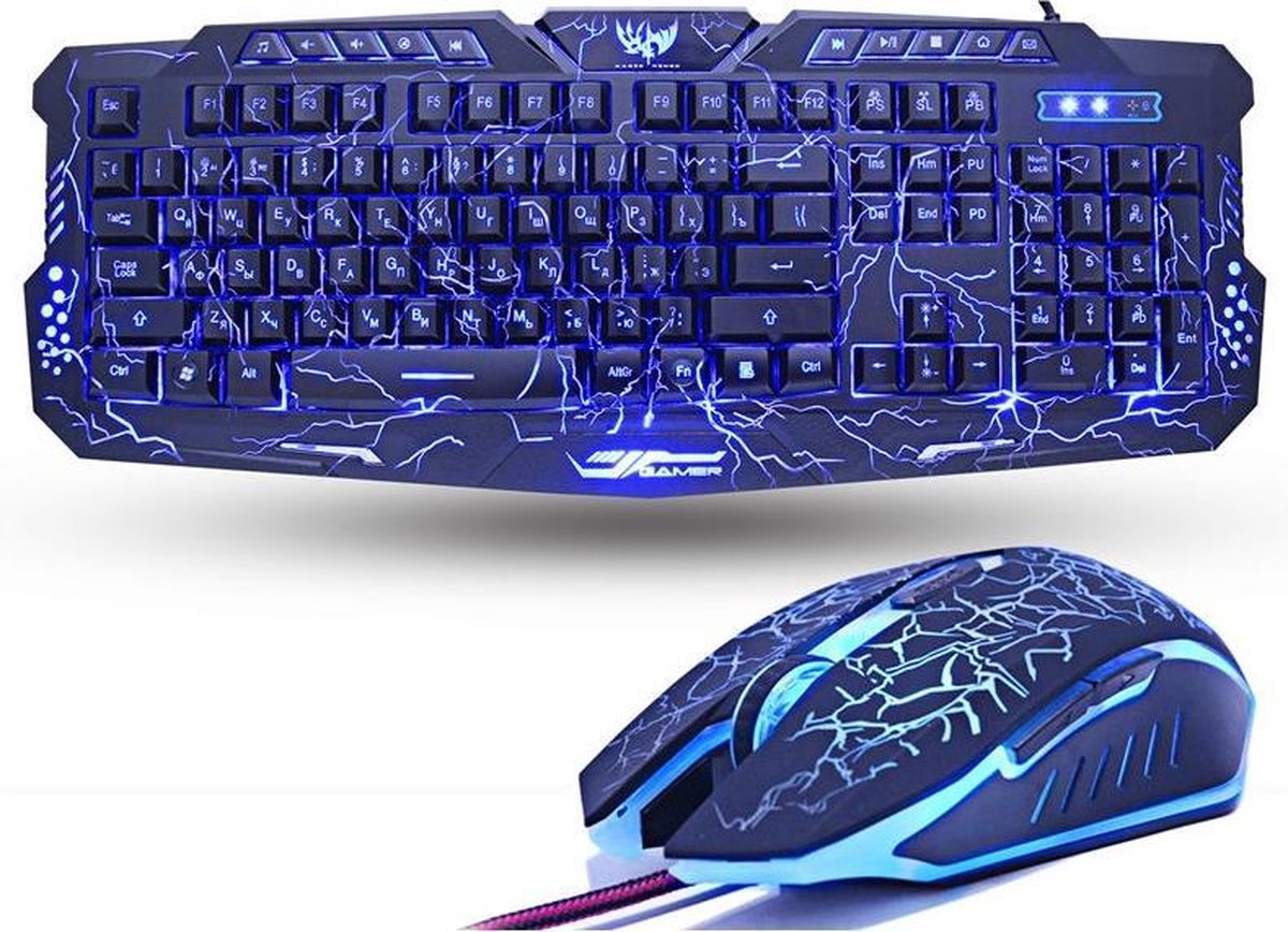 Game Toetsenbord - Gaming Toetsenbord en Muis (Lightning Keyboard) – Keyboard Qwerty met LED Verlichting MultiColour – Bedraad USB - 2400 DPI