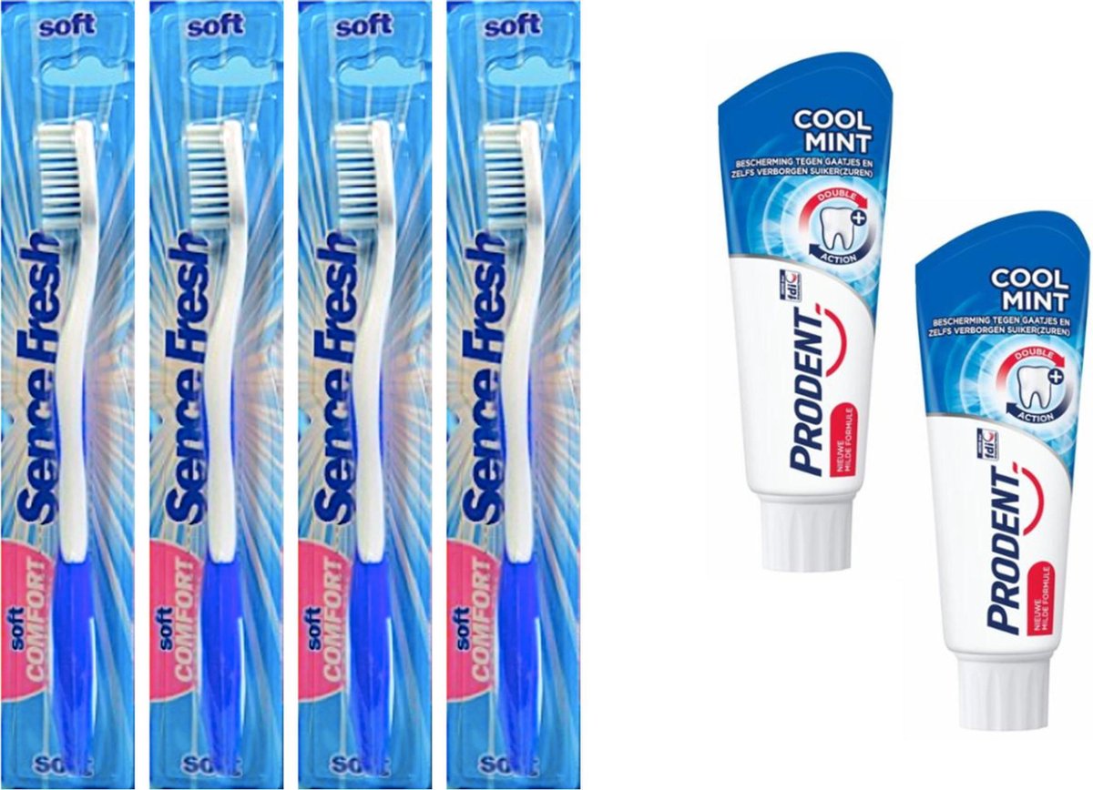 4 tandenborstels soft +  2 Prodent Cool Mint Tandpasta - blauw