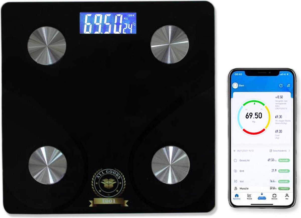 All Goods 1001 Slimme Weegschaal - 12x verschillende lichaam analyses - o.a. Vetpercentage - Digitale Personenweegschaal met App