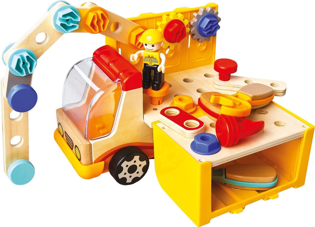 Bino Bouwvoertuig Multifunctioneel Junior 25 Cm Hout Geel 3-delig